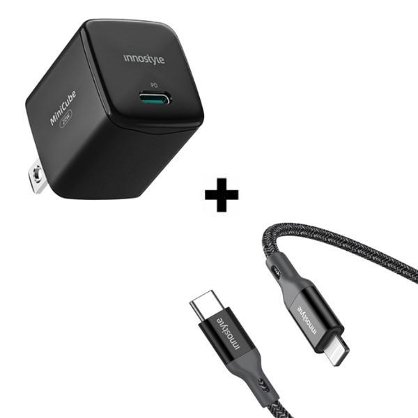 Bộ combo sạc cáp Innostyle 20W PowerFlex Type C to Lightning màu đen