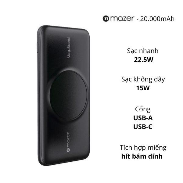 Pin sạc dự phòng không dây Mazer Infinite.Boost Mag.Stand Qi Wireless 15W 20000mAh-Màu đen