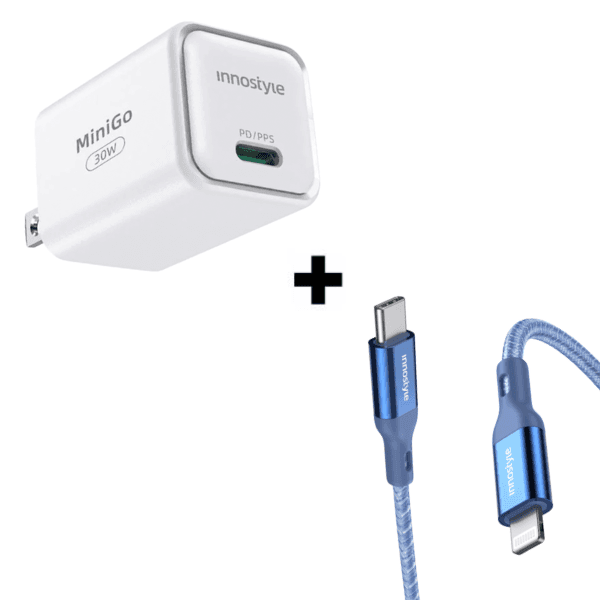 Bộ Combo sạc cáp Innostyle 30W PowerFlex Type-C to Lightning màu xanh dương