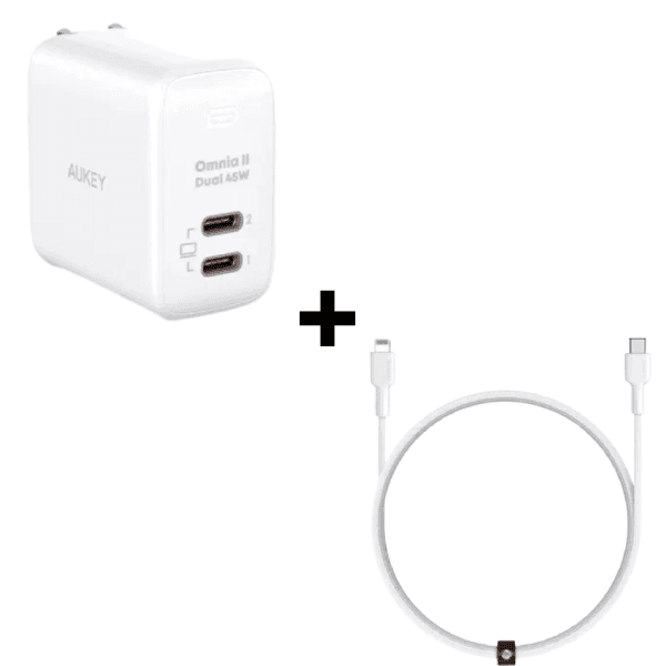 Bộ Combo cáp sạc Aukey 45W USB-C to Lightning màu trắng