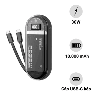 Pin sạc dự phòng kèm cáp Mazer PowerCharge Link 10.000mAh PD35W Dual USB-C