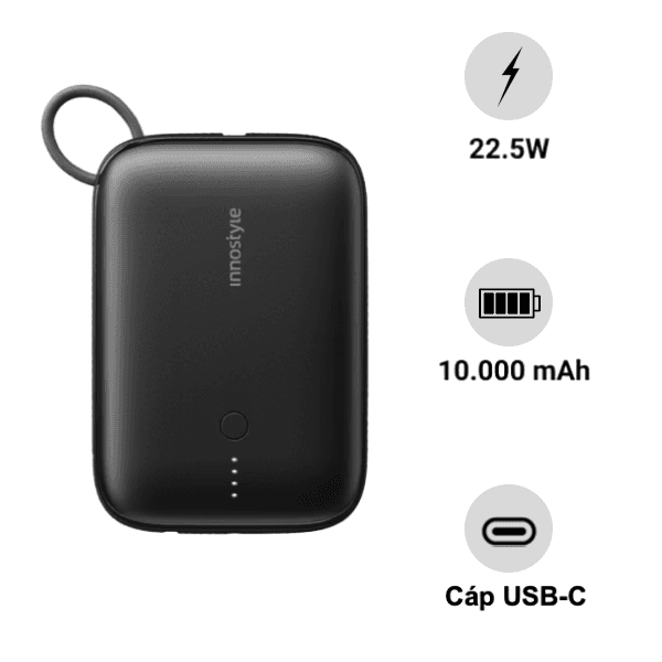 Pin sạc dự phòng Innostyle Powergo Mini 10.000mAh 22.5W tích hợp cáp USB-C IP22PDBLK