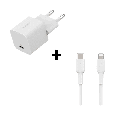 Bộ Combo cáp sạc Belkin 25W Type-C to Lightning màu trắng (chân tròn)