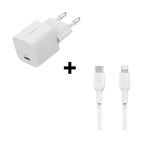 Bộ Combo cáp sạc Belkin 25W Type-C to Lightning màu trắng (chân tròn)