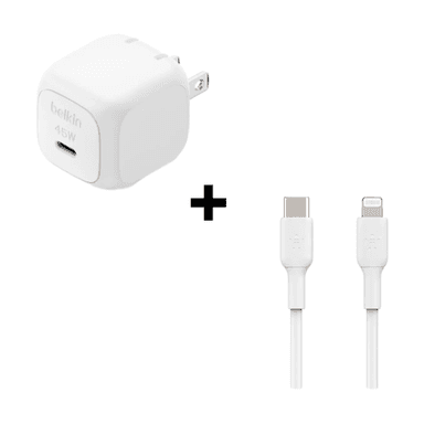 Bộ Combo cáp sạc Belkin 45W Type-C to Lightning màu trắng (chân tròn)