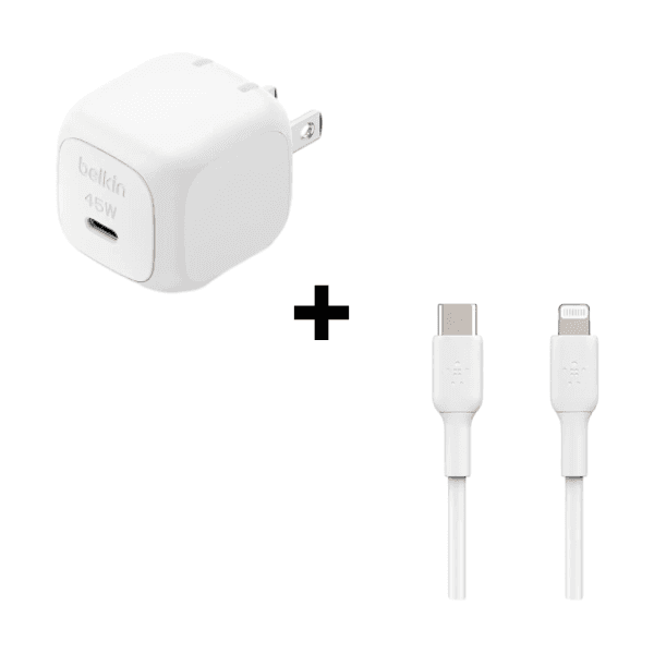Bộ Combo cáp sạc Belkin 45W Type-C to Lightning màu trắng (chân tròn)