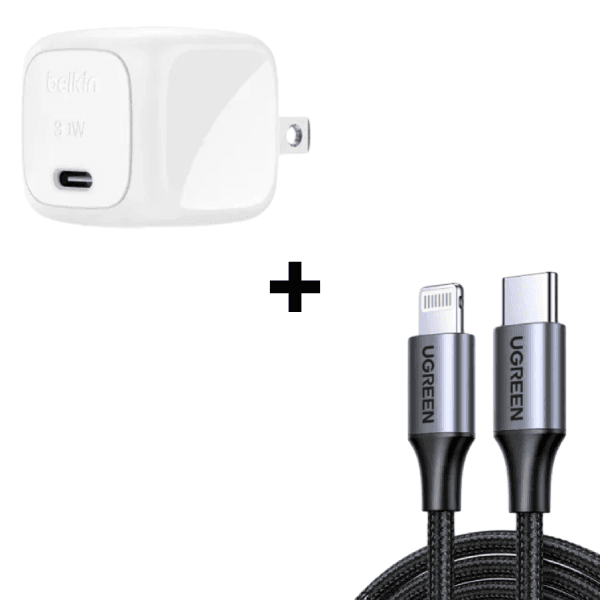 Bộ Combo cáp sạc Belkin - Ugreen 30W Type-C to Lightning (Củ trắng - Cáp đen)