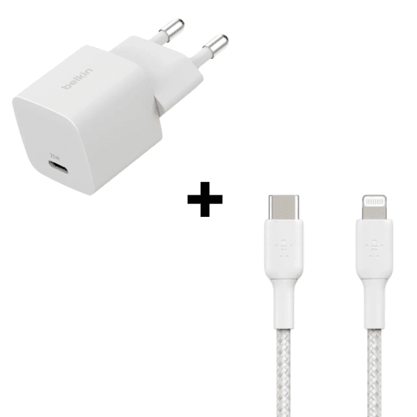 Bộ Combo cáp sạc Belkin 25W Type-C to Lightning màu trắng (Chân tròn - Dây dù)