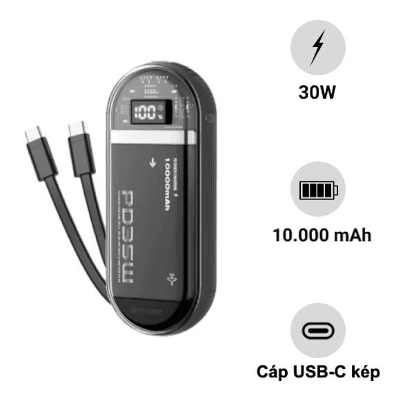 Pin sạc dự phòng kèm cáp Mazer PowerCharge Link 10.000mAh PD35W Dual USB-C