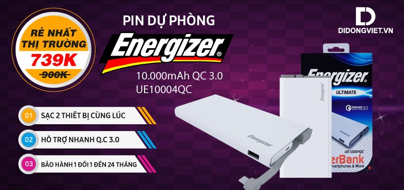Pin sạc dự phòng Energizer 10.000mAh QC 3.0 rẻ nhất thị trường chỉ 739 ngàn