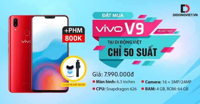 Đặt trước Vivo V9 màu đỏ (Velvet Red) – Tặng PHM 800k tại Di Động Việt
