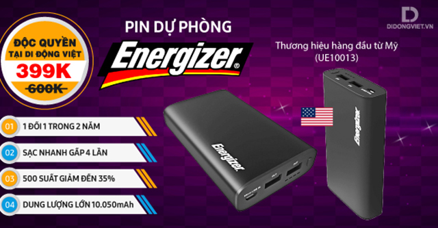 Giảm giá sốc: Pin dự phòng Energizer 10050mAh chỉ 399 ngàn đồng tại Di Động Việt