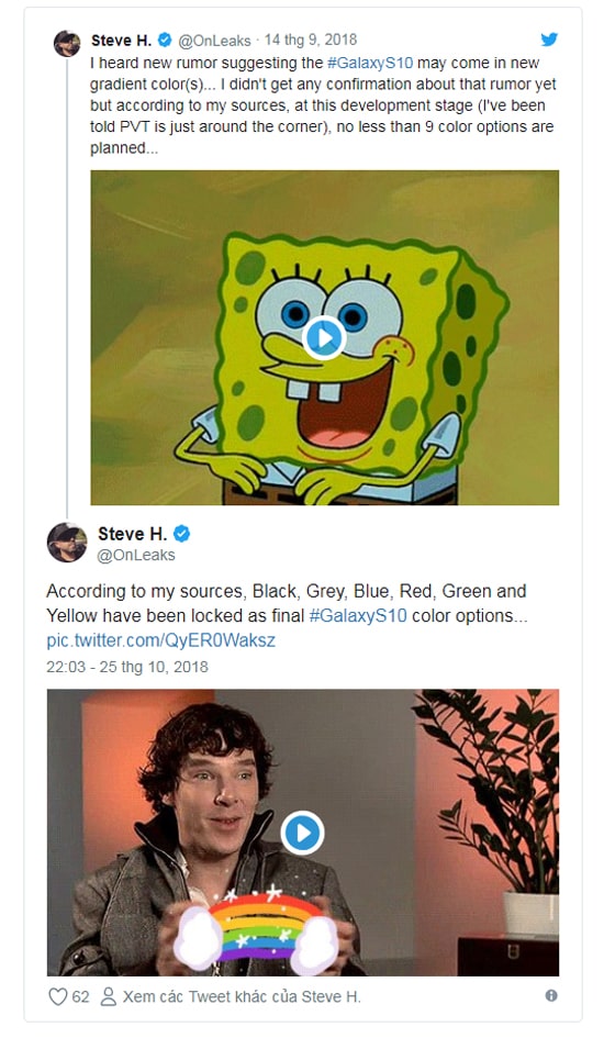 Tài khoản Twitter nổi tiếng @OnLeaks vừa đăng tải thông tin cho biết, Galaxy S10 sẽ có ít nhất 6 màu sắc