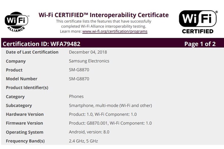 Samsung Galaxy A8s đạt chứng nhận WiFi