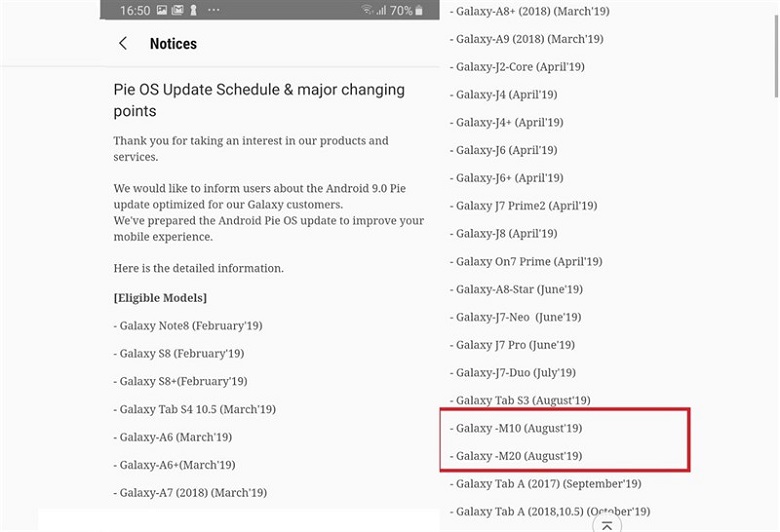 Galaxy M10 và Galaxy M20 sẽ nhận bản cập nhật Android 9 Pie vào tháng 8
