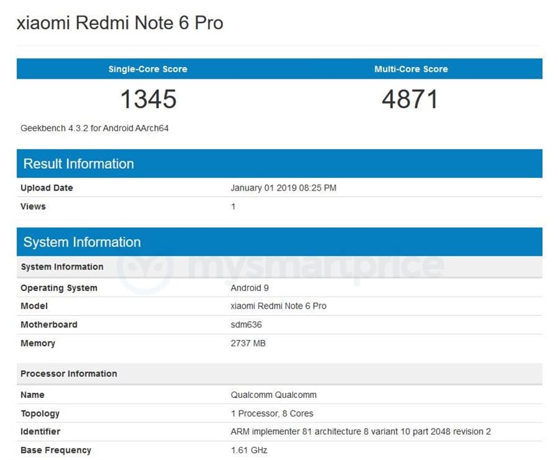 Xiaomi Redmi Note 6 Pro chạy Android 9 Pie lộ diện trên Geekbench