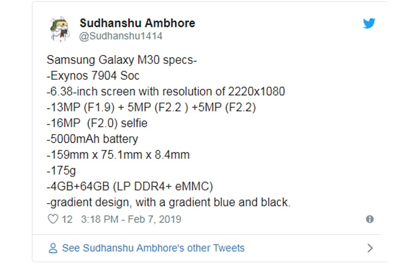 Samsung Galaxy M30 rò rỉ thông số cấu hình 