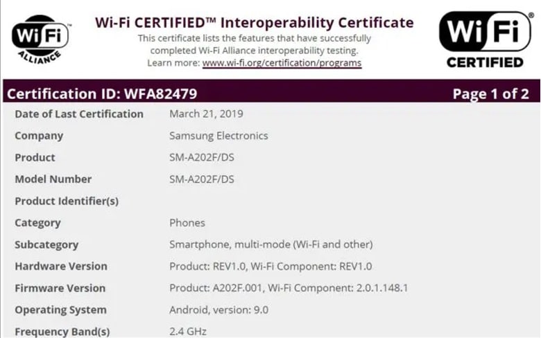 Galaxy A20e đạt chứng nhận WiFi