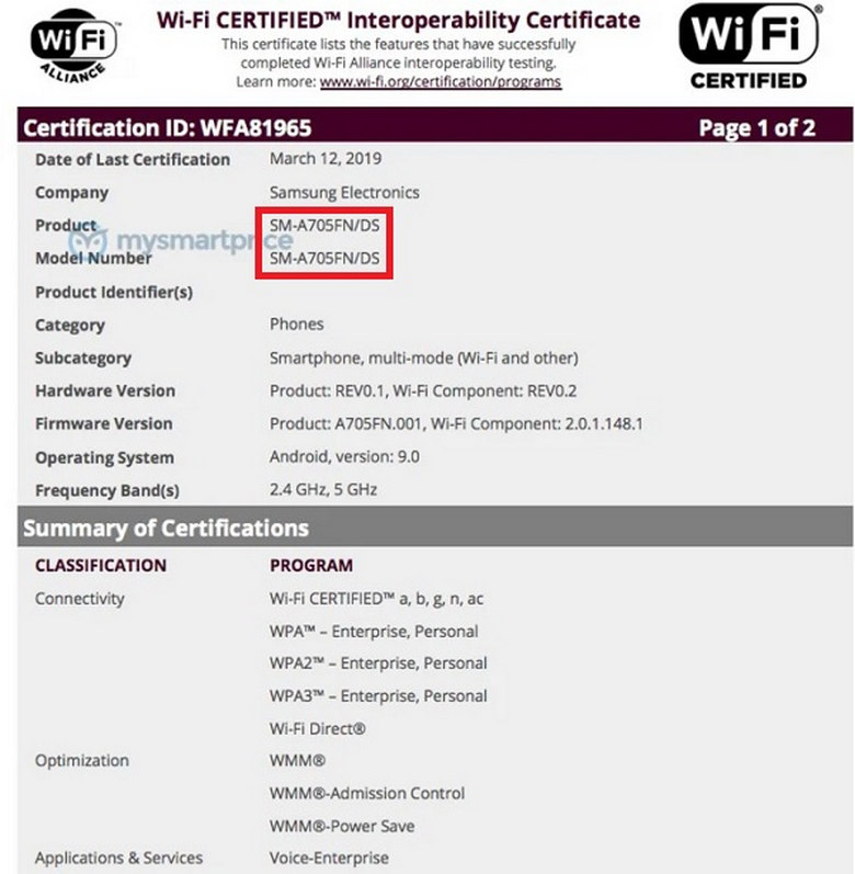 chứng nhận wifi của samsung galaxy a70