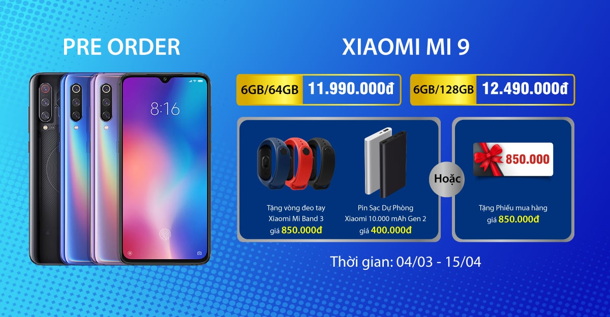 Đặt trước Xiaomi Mi 9 nhận Miband 3, sạc dự phòng 10.000mAh