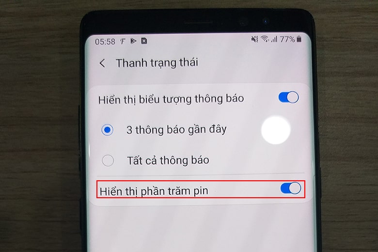 Bước 3 bật hiển thị phần trăm pin