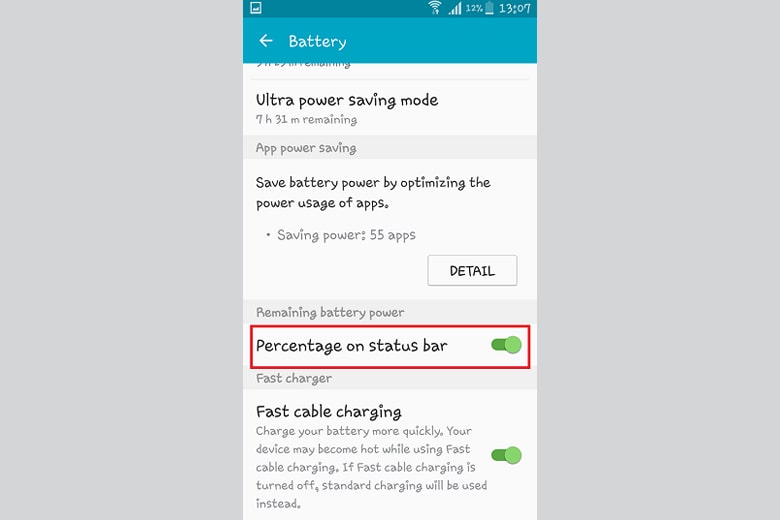 Bước 3 bật chế độ hiển thị phần trăm pin