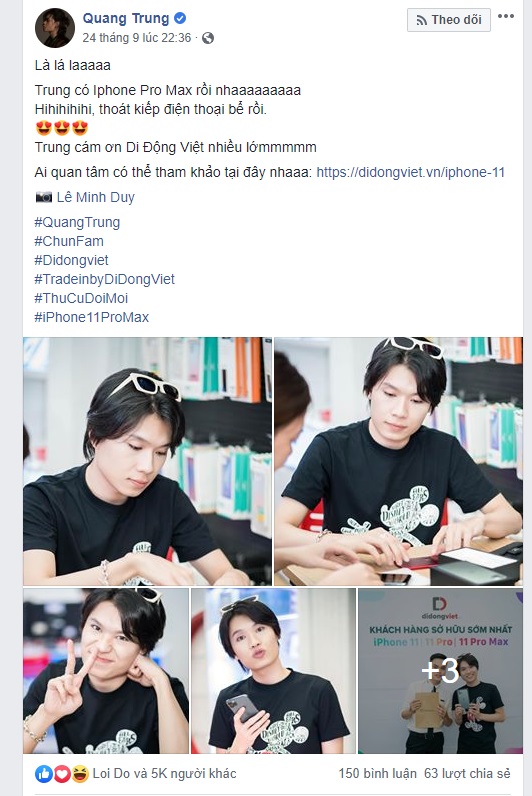 Quang Trung gửi lời cảm ơn trên Facebook cá nhân