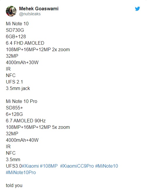 Xiaomi Mi Note 10 và Mi Note 10 Pro rò rỉ thông số kỹ thuật mới