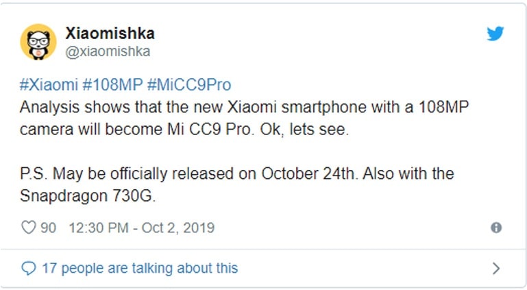 Xiaomi Mi CC9 Pro có thể được trang bị cảm biến 108MP, ra mắt vào ngày 24 tháng 10