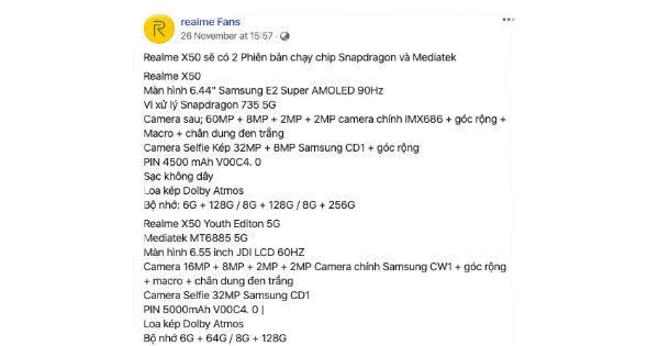 Realme X50 5G và X50 Lite rò rỉ thông số kỹ thuật: Snapdragon 735, camera 60MP