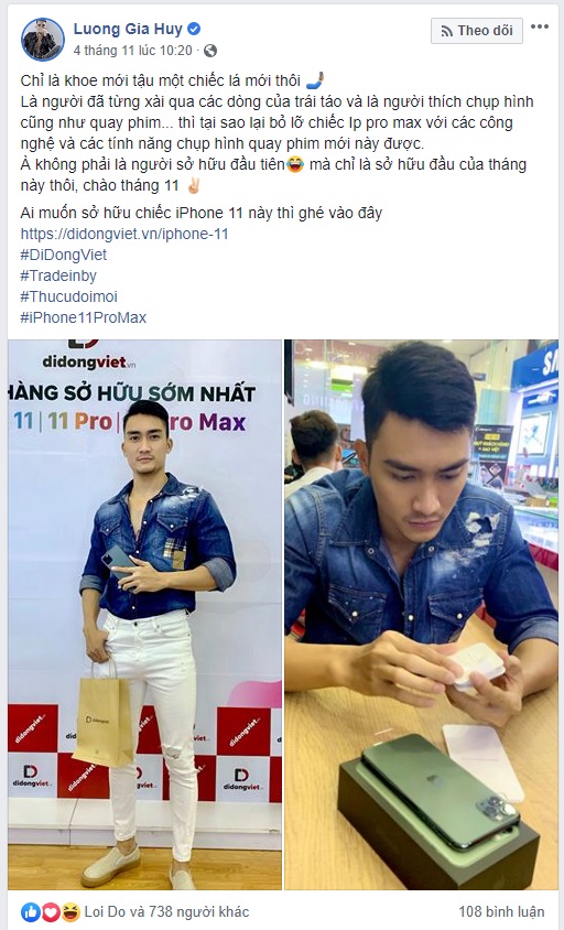 Người mẫu Lương Gia Huy chia sẻ trên Facebook cá nhân