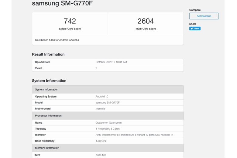 Galaxy S10 Lite có mặt trên Geekbench dùng Snapdragon 855, RAM 8GB