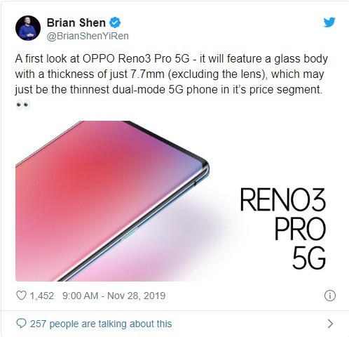 Oppo Reno 3 Pro 5G rò rỉ thiết kế với màn hình cong tràn cạnh và dung lượng pin
