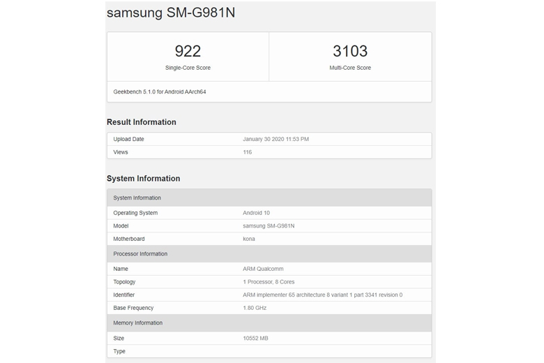 Galaxy S20 series đồng loạt xuất hiện trên trang Geekbench