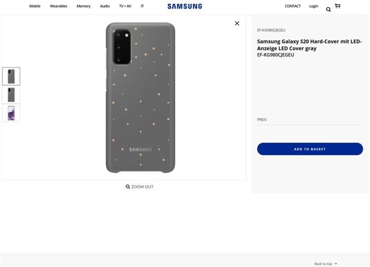 Ốp lưng bảo vệ Galaxy S20 xuất hiện trên trang web chính thức của hãng