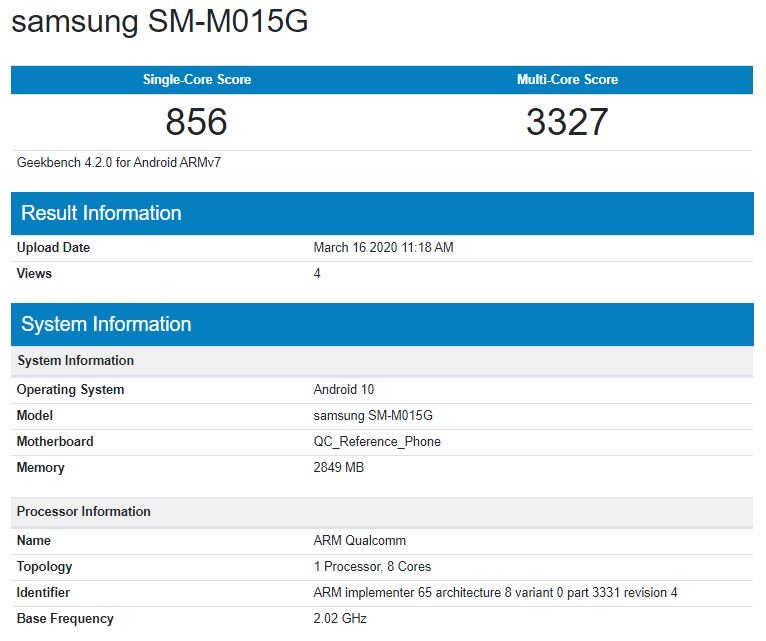 m01 trên geekbench