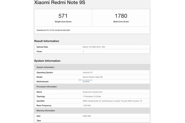 Redmi Note 9S với RAM 6GB, chạy hệ điều hành Android 10 xuất hiện trên Geekbench