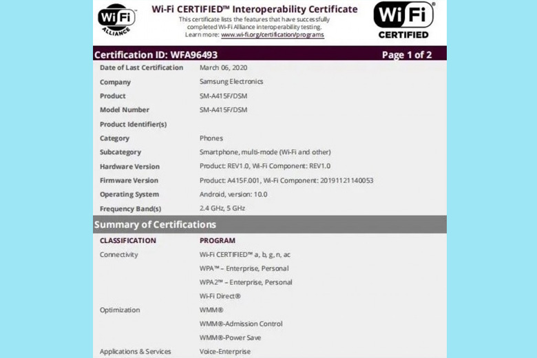 Galaxy A41 vừa đạt chứng nhận Wi-Fi và Bluetooth