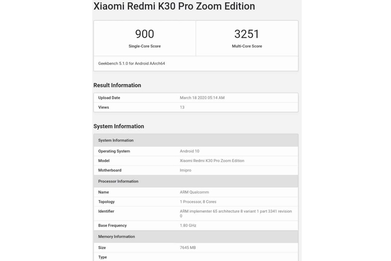 Redmi K30 Pro Zoom Edition với chip Snapdragon 865 lộ diện trên Geekbench