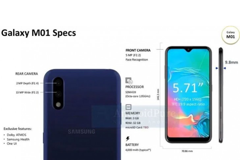 Sơ đồ thiết kế của Samsung Galaxy M01 bị rò rỉ, hé lộ thông số kỹ thuật, kích thước của máy