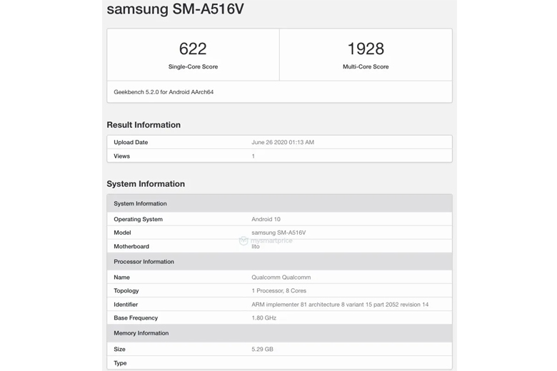 Galaxy A51s 5G với chip Snapdragon 765G, RAM 6 GB xuất hiện trên Geekbench