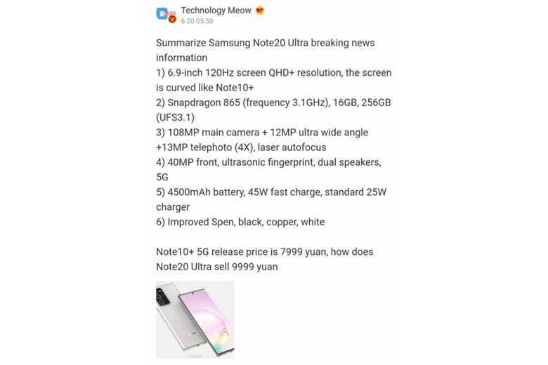 Galaxy Note 20 Ultra rò rỉ thông số kỹ thuật và giá bán trước ngày ra mắt
