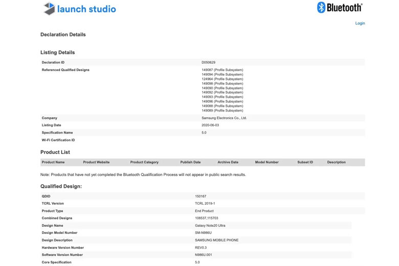 Galaxy Note 20 Ultra xuất hiện trên cơ quan Bluetooth SIG