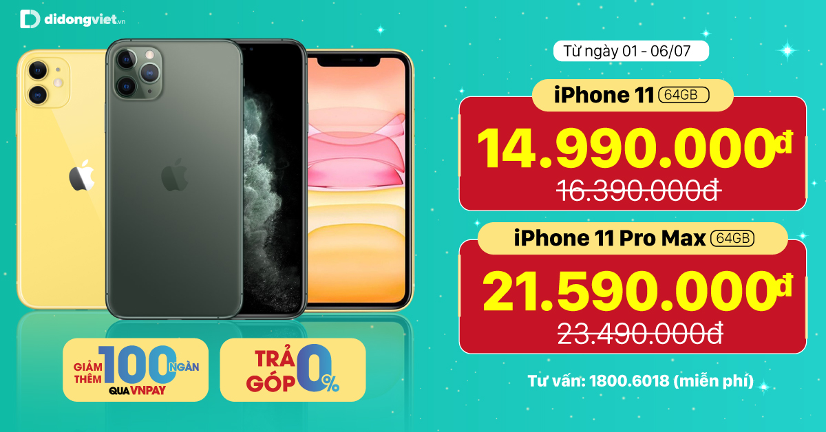 iPhone 11, iPhone 11 Pro Max giá chỉ từ 14,9 triệu, Giảm thêm 100 ngàn qua VnPay tại Di Động Việt