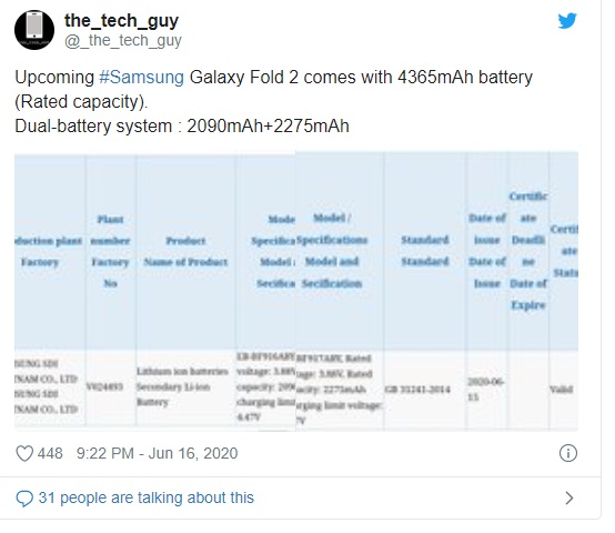 Dung lượng pin Galaxy Fold 2 rò rỉ