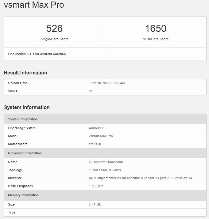 Vsmart Max Pro xuất hiện trên Geekbench