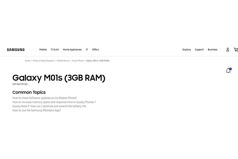 Trang web hỗ trợ chính thức của Samsung xác nhận Galaxy M01s sẽ có bộ nhớ RAM 3GB