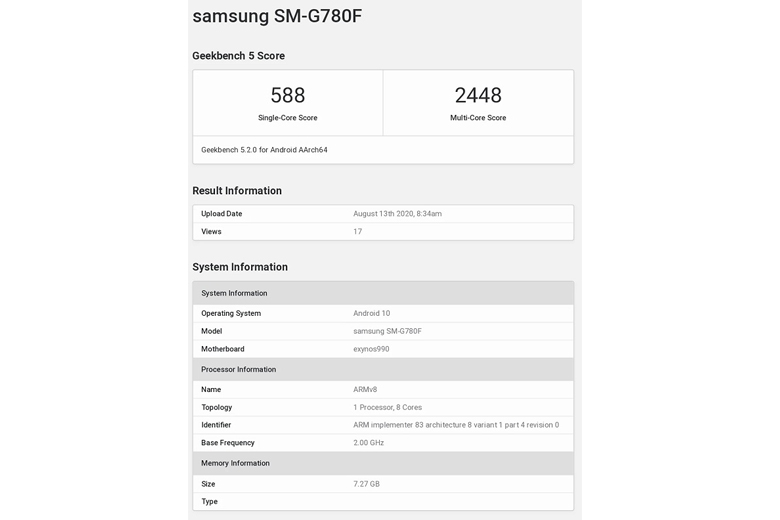 Galaxy S20 Fan Edition với chip Exynos 990 lộ điểm sức mạnh trên trang Geekbench