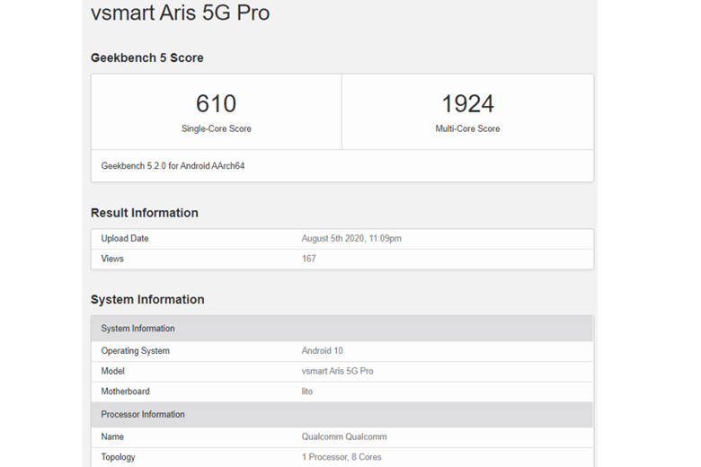 Vsmart Aris 5G Pro lộ diện: Hỗ trợ mạng 5G, chip Snapdragon 765, RAM 8GB