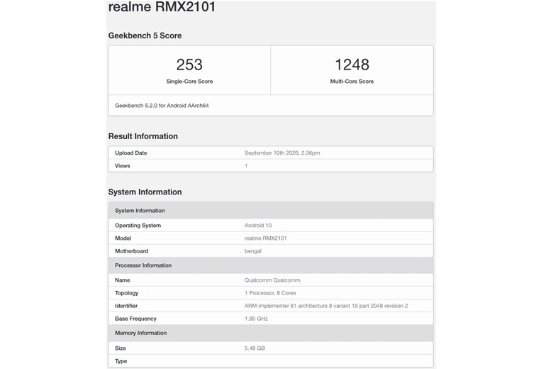 Realme C17 xuất hiện trên Geekbench với chip Snapdragon 460, RAM 6GB 